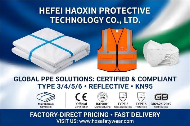 Hefei Haoxin PPE product banner showcasing disposable microporous coveralls, an orange reflective safety vest, and a stack of KN95 masks with CE and ISO9001 certification logos.